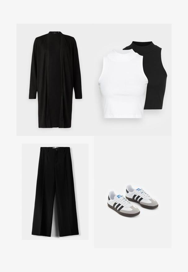 Schwarzer, langer Cardigan mit offenem Vorderteil, langen Ärmeln und weichem Stoffstruktur. Minimalistisches Design ohne Muster oder Hardware-Details.; Zwei ärmellose, gerippte Rollkragenoberteile in Schwarz und Weiß, mit einer figurbetonten Passform und glatter Textur sowie einer cropped Länge.; Schwarze weite Hosen aus leichtem Stoff, mit einem Knopfverschluss vorne und flachem Bund, mit sorgfältig genähten Säumen.; Sportschuhe mit einem Obermaterial aus weißem Leder, grauer Wildleder-Zehenkappe und drei schwarzen Streifen. Sie verfügen über ein blaues Logo auf der Zunge und eine strukturierte Gummisohle.