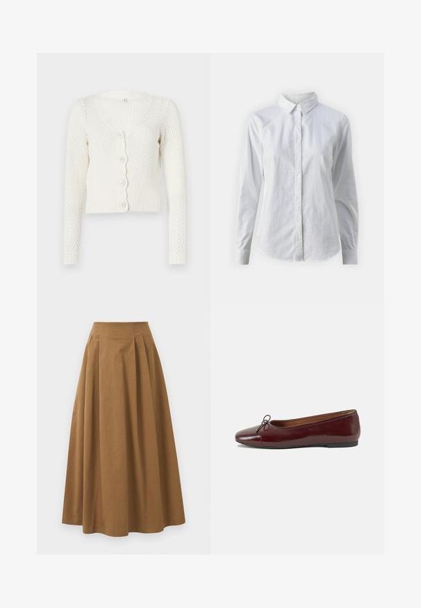 Cardigan blanc en tricot avec un col en V, des manches longues et une patte de boutonnage festonnée. Présente un motif texturé et un ourlet côtelé.; Chemise blanche à manches longues en coton lisse, dotée d'un col classique et d'un ourlet arrondi. Les boutons sont petits et blancs.; Jupe A-line en coton brun avec taille haute, dotée de plis sur le devant et d'une texture lisse. Les finitions de l'ourlet sont nettes et simples.; Ballerines en cuir verni bordeaux avec un bout rond, un petit nœud décoratif à l'avant et une semelle en caoutchouc noire basse. Texture lisse.