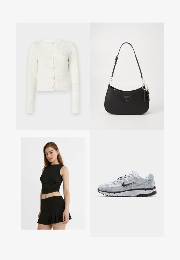Biały sweter z dzianiny z dekoltem w kształcie V, długimi rękawami i falowanym zapięciem na guziki. Posiada strukturalny wzór oraz ściągacz na dole.; Czarny t-shirt z krótkim rękawem o szerokim dekolcie i luźnym kroju. Wykonany z miękkiego materiału bez widocznych wzorów czy zdobień.; Czarny dwuczęściowy komplet składający się z bezrękawowego, skróconego topu z marszczeniem oraz rozkloszowanej mini spódnicy, wykonany z gładkiego, elastycznego materiału.; Nike P-6000 sneakers z jasnoszarym siateczkowym wierzchem, czarnymi akcentami i trwałą czarną gumową podeszwą. Charakteryzują się skomplikowanym wzornictwem i systemem sznurowania.; Czarna torebka syntetyczna o zaokrąglonym kształcie, ze złotymi akcentami i trójkątnym logo. Posiada zamek błyskawiczny oraz regulowany pasek.