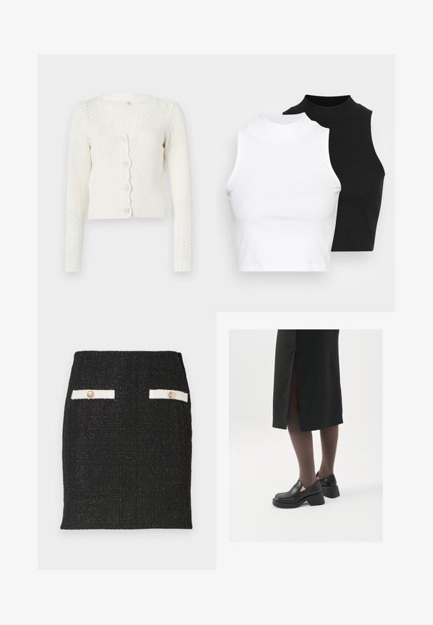 Hvid strikket cardigan med V-hals, lange ærmer og bølget knaplukning. Har et struktureret mønster og ribbet kant.; To kjoleløse ribbede turtleneck-toppe i sort og hvid, med en tætsiddende design og glat tekstur, samt cropped længde.; Sort tweed nederdel med struktureret stof og en tætsiddende design. Har to hvide lommeaccenter med guldtonede knapper.; Sorte lædersko med rund tå, kraftig blokhæl og elastiske sideaccentuer, parret med mørke strømpebukser og en sort nederdel med slids.
