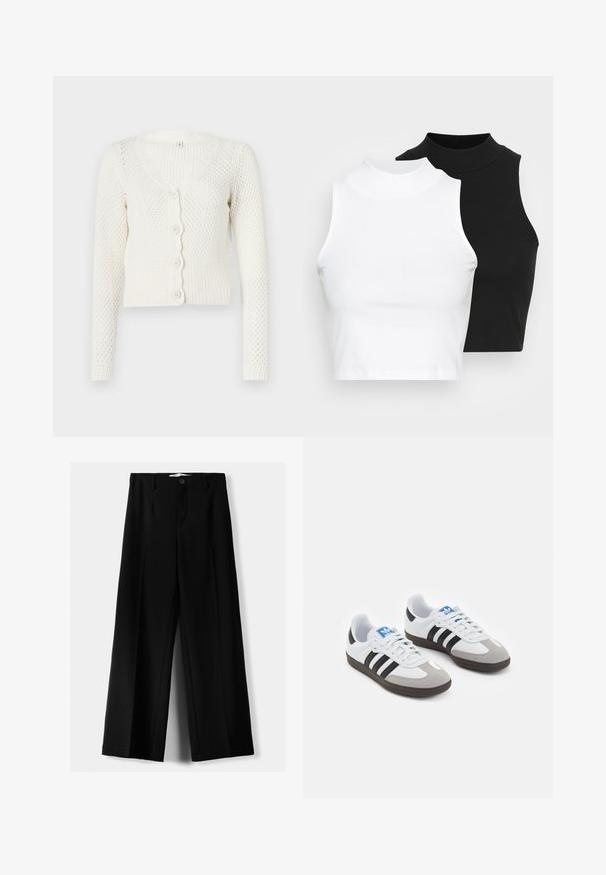 White knitted cardigan with a V-neck, long sleeves, and scalloped button placket. Features a textured pattern and ribbed hem.; Two sleeveless ribbed turtleneck tops in black and white, featuring a fitted design and smooth texture, with cropped length.; Black wide-leg trousers made of lightweight fabric, featuring a front button closure and flat front, with neatly stitched hems.; Sport shoes with a white leather upper, gray suede toe, and three black stripes. Features a blue logo on the tongue and a textured rubber sole.