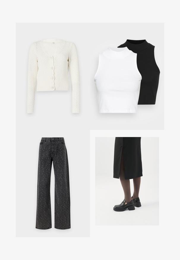 Hvid strikket cardigan med V-hals, lange ærmer og bølget knaplukning. Har et struktureret mønster og ribbet kant.; To kjoleløse ribbede turtleneck-toppe i sort og hvid, med en tætsiddende design og glat tekstur, samt cropped længde.; Noisy May NMJANNEL LOOSE - Jeans Relaxed Fit - black denim; Sorte lædersko med rund tå, kraftig blokhæl og elastiske sideaccentuer, parret med mørke strømpebukser og en sort nederdel med slids.