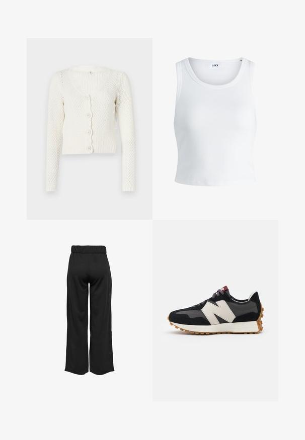 Biely pletený kardigán s výstrihom do V, dlhými rukávmi a volánkovou lištou na gombíky. Má štruktúrovaný vzor a rebrovaný lem.; Biely rebrovaný tielko s okrúhlym výstrihom, bez rukávov a krátkou dĺžkou. Štítok znie "JJXX." Hladká textúra látky.; Čierne široké nohavice s elastickým pásom, vyrobené z hladkej tkaniny. Majú jednoduchý dizajn, bez vreciek alebo viditeľných švíkov.; Čierne a sivé semišové tenisky s veľkým krémovým logom "N", fialovými šnúrkami a textúrovanou gumovou podrážkou.