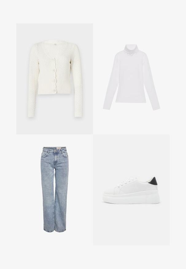 Weißer gestrickter Cardigan mit V-Ausschnitt, langen Ärmeln und gewelltem Knopfverschluss. Hat ein strukturiertes Muster und einen gerippten Saum.; Weißes Langarm-Turtleneck-Oberteil aus glattem, elastischem Stoff. Mit hohem Kragen und tailliertem Schnitt, ohne sichtbare Muster oder Verzierungen.; Hellblau weite Jeans aus Denim, mit hoher Taille, fünf Taschen-Design und subtilen Ausbleichungen für einen eingesessenen Look.; Weiße Plateausneaker aus glattem Kunstmaterial, mit runder Zehenform, Schnürdesign und einer strukturierten Gummisohle. Schwarzer Fersenakzent.