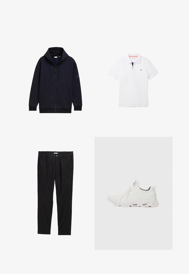 Námornícka zipová mikina s nastaviteľnou kapucňou so šnúrkou, prednými vreckami, rebrovanými manžetami a hladkým, textúrovaným povrchom látky.; Biela polo tričko s čiernym golierom a oranžovým lemovaním, krátkymi rukávmi a malým logom na hrudi. Vyrobené z priedušnej bavlnenej zmesi.; Čierne nohavice z hladkej tkaniny, s gombíkovým zapínaním, dvoma prednými vreckami a pritom prispôsobeným strihom.; Biele športové topánky so štruktúrovaným pleteným zvrškom, plochými šnúrkami a odpruženou podrážkou s viditeľnými vzduchovými komorami pre dodatočnú podporu.
