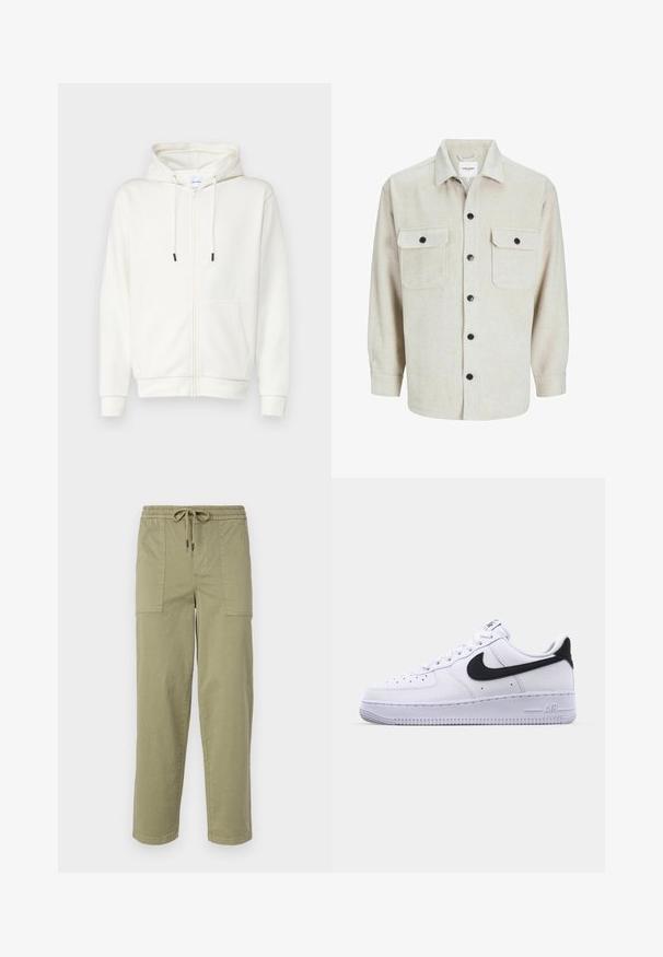 Weiße Zip-Hoodie aus weicher Stoff, mit einer Fronttasche, Kordeln und gerippten Bündchen. Glatter Textur mit minimalistischem Design.; Beige Flanellhemd mit Kragen, das über zwei Brusttaschen, schwarzen Knöpfen und langen Ärmeln mit geknöpften Manschetten verfügt.; Helle olivgrüne Hose aus Baumwollmischgewebe, mit einem elastischen Bund und Kordelzug sowie zwei großen Seitentaschen.; Weißes Leder-Sneaker mit einem strukturierten schwarzen Swoosh, flachen Schnürsenkeln und einer Gummisohle mit genoppetem Muster. "AIR" ist auf der Ferse eingeprägt.