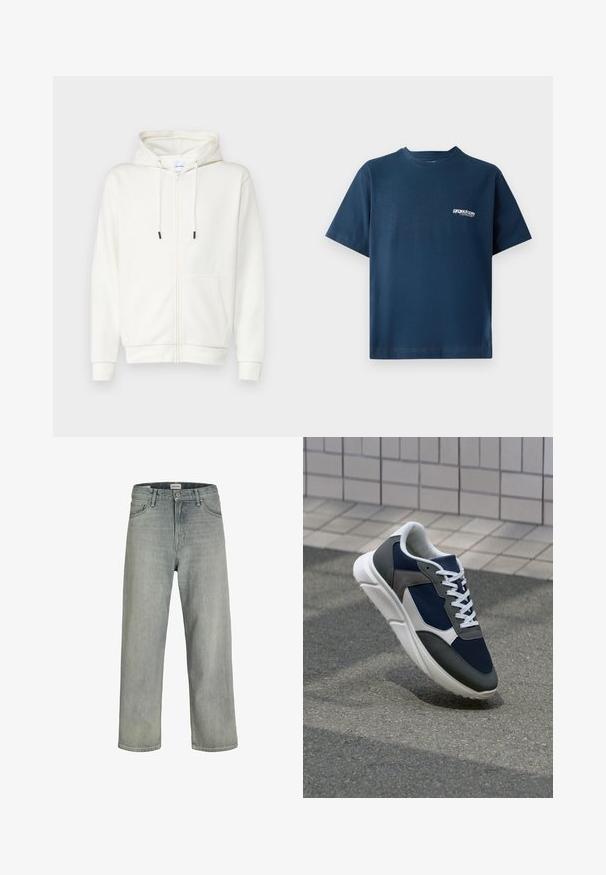 Hvit zip-up hettegenser laget av mykt stoff, med en frontlomme, snorer og ribbestrikkede mansjetter. Jevn tekstur med minimalistisk design.; Marineblå bomull T-skjorte med korte ermer og rund hals. Har en liten hvit logo på venstre brystområde. Myk tekstur.; Lys grå, løstsittende jeans laget av denim. Har en klassisk fem-lomme-design, beltehemper og en rett ben-silhuett.; Sneakers med en navy blå mesh-overdel, grå sømværk, hvit gummisåle og flate hvite snører, designet for komfort og pusteevne.