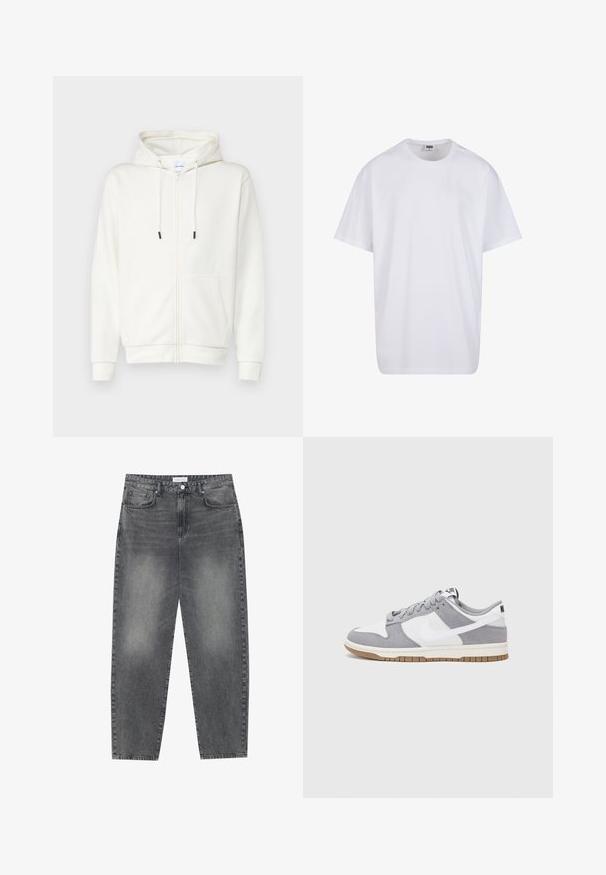 Bílá mikina na zip vyrobená z měkké látky, vybavená přední kapsou, šňůrkami a žebrovanými manžetami. Hladká textura s minimálním designem.; Bílé triko z bavlny s krátkým rukávem, kulatým výstřihem, volným střihem a bez viditelných log či vzorů. Hladká textura a minimalistický design.; Kalhoty s vysokým pasem, volného střihu, vyrobené z vybledlého černého denimu. Mají pět kapes, poutka na opasek a čistý, rovný střih nohavic.; Šedé a bílé tenisky s svrškem z jemné kůže a kůže, kulatou špičkou, plochými tkaničkami a gumovou podrážkou s akcentem v barvě gumy.