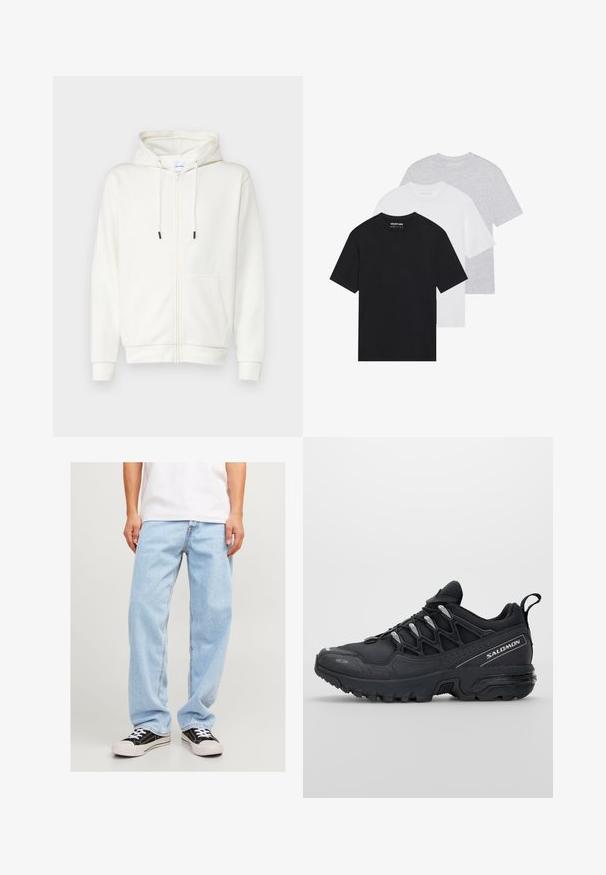 Biała bluza z kapturem na zamek, wykonana z miękkiego materiału, z przednią kieszenią, sznurkami do regulacji i ściągaczami na rękawach. Gładka tekstura z minimalistycznym wzornictwem.; Zestaw trzech podstawowych t-shirtów w kolorach czarnym, białym i jasnoszarym. Krótkie rękawy, okrągły dekolt, wykonane z gładkiej bawełnianej tkaniny. Widoczne logo marki.; Jasnoniebieskie dżinsy o luźnym kroju, z prostymi nogawkami i standardowym przeszyciem, w zestawieniu z czarnymi trampkami.; Czarne buty sportowe z siateczkową cholewką, gumową podeszwą i odblaskowymi akcentami. Posiadają amortyzowaną podeszwę oraz sznurowany design.