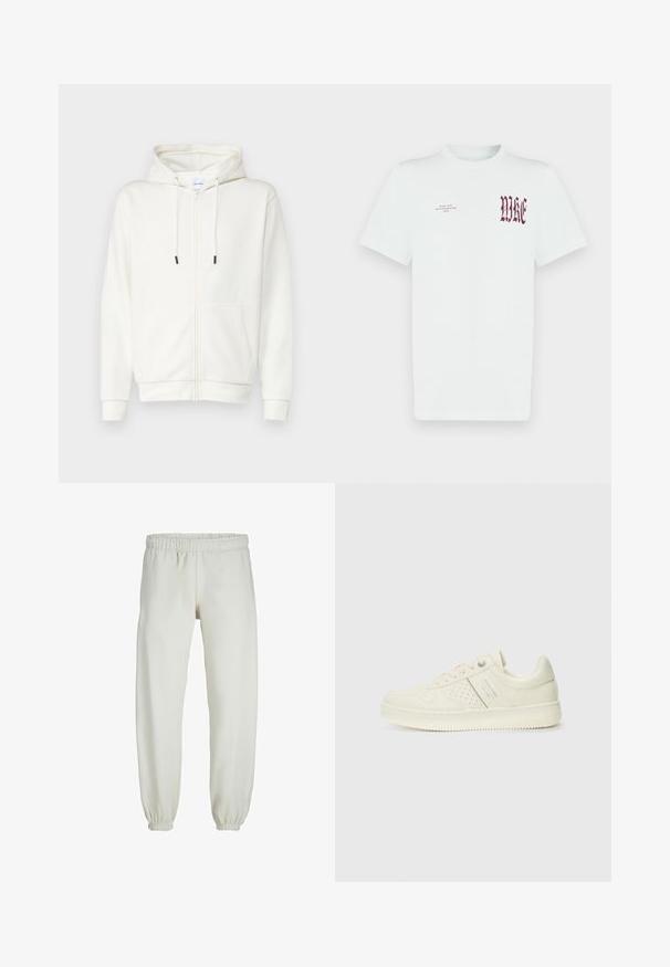 Sweat à zip blanc en tissu doux, avec une poche avant, des cordons de serrage et des poignets côtelés. Texture lisse avec un design minimal.; T-shirt en coton blanc avec un graphique rouge "NIKE" et un texte sur le côté gauche de la poitrine. Manches courtes et col rond, texture lisse.; Pantalons de survêtement blancs en tissu doux, avec une taille et des poignets élastiques, présentant une texture lisse et un design ample.; Sneaker couleur crème avec des détails perforés, des lacets et un logo sur le côté, présenté sur un fond blanc uni.