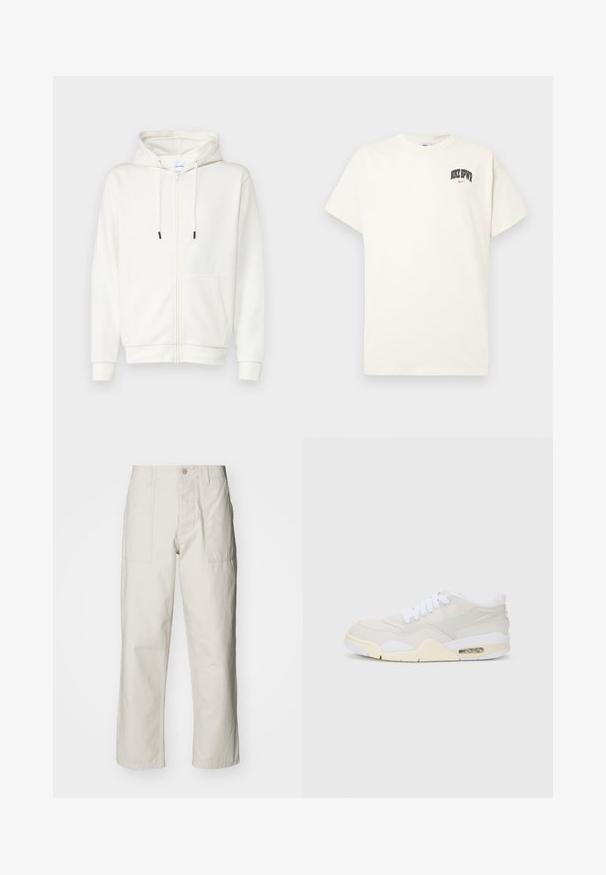 Weiße Zip-Hoodie aus weicher Stoff, mit einer Fronttasche, Kordeln und gerippten Bündchen. Glatter Textur mit minimalistischem Design.; Cremfarbens Baumwoll-T-Shirt mit kurzen Ärmeln, das "NIKE SB" in schwarzem und rotem Text auf der Brust zeigt. Klassischer Rundhalsausschnitt.; Helle beige weit geschnittene Hose aus Baumwolle. Verfügt über Fronttaschen und einen Knopfverschluss. Glatte Textur mit dezenten vertikalen Streifen.; Sneakers mit einem hellbeigen synthetischen Obermaterial, weißen Schnürsenkeln und sichtbarer Dämpfung. Sie verfügen über eine glatte Sohle und dezente seitliche Akzente.