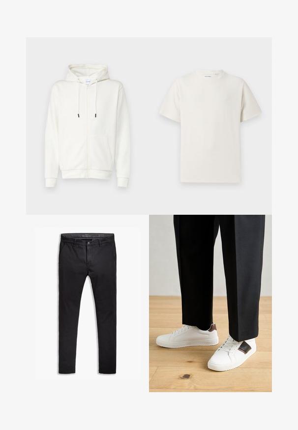 White zip-up hoodie made from soft fabric, featuring a front pocket, drawstrings, and ribbed cuffs. Smooth texture with minimal design.; White short-sleeve T-shirt in a ribbed texture. Round neckline, relaxed fit, no visible patterns or accents. Simple and versatile design.; Black cotton chinos with a tapered fit, featuring five pockets, belt loops, and a smooth texture. Zip fly with a button closure.; White sneakers with smooth texture, featuring brown leather accents and black detailing, paired with black tailored pants. Wooden floor background.