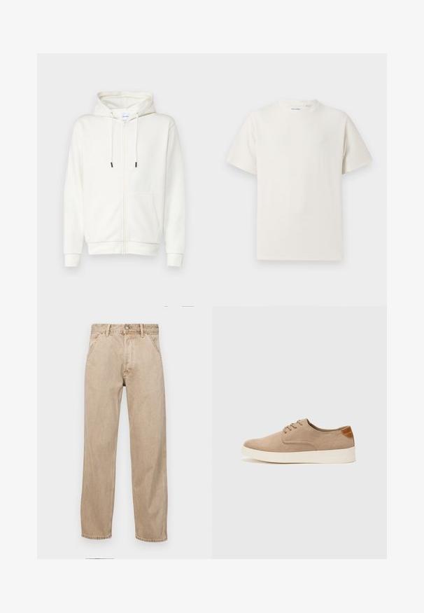 White zip-up hoodie made from soft fabric, featuring a front pocket, drawstrings, and ribbed cuffs. Smooth texture with minimal design.; White short-sleeve T-shirt in a ribbed texture. Round neckline, relaxed fit, no visible patterns or accents. Simple and versatile design.; Beige denim jeans with a straight leg design, featuring front pockets, a metal button closure, and subtle texture.; Beige suede sneakers with a rounded toe, lace-up front, and a textured back accent. White rubber sole provides contrast. Simple and modern design.