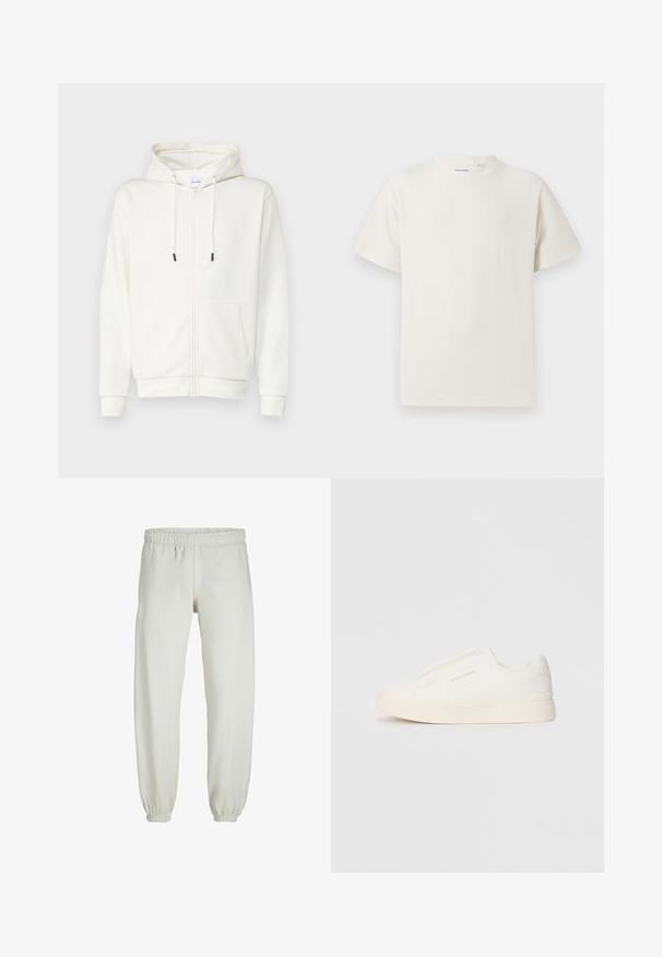 White zip-up hoodie made from soft fabric, featuring a front pocket, drawstrings, and ribbed cuffs. Smooth texture with minimal design.; White short-sleeve T-shirt in a ribbed texture. Round neckline, relaxed fit, no visible patterns or accents. Simple and versatile design.; White sweatpants made from soft fabric, featuring an elastic waistband and cuffs, with a smooth texture and loose-fitting design.; White slip-on sneakers with a textured surface, a thick sole, and minimalistic design. Features brand logo on the side.