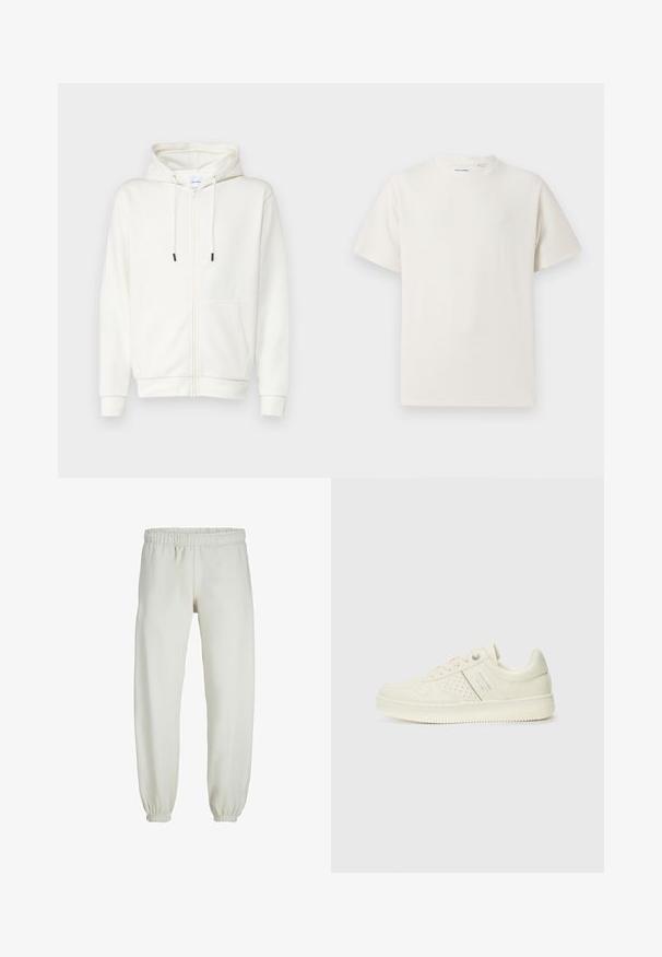 White zip-up hoodie made from soft fabric, featuring a front pocket, drawstrings, and ribbed cuffs. Smooth texture with minimal design.; White short-sleeve T-shirt in a ribbed texture. Round neckline, relaxed fit, no visible patterns or accents. Simple and versatile design.; White sweatpants made from soft fabric, featuring an elastic waistband and cuffs, with a smooth texture and loose-fitting design.; Cream-colored sneaker with perforated detailing, laces, and logo on the side, displayed against a plain white background.