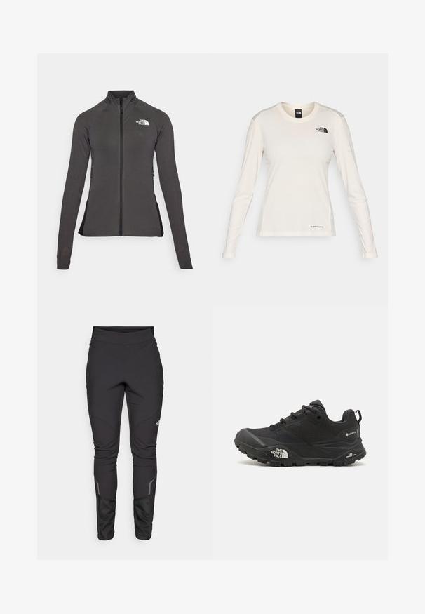 Svart zip-up jakke med høy krage, strukturert stoff og lange ermer. Har The North Face-logoen på øvre venstre side.; The North Face SHADOW LONG SLEEVE - Topper langermet - white dune; Svarte utendørsbukser med en tettsittende design, slitesterkt stoff, reflekterende detaljer og panelsting for bedre bevegelse og komfort.; Svart tursko med teksturert overdel, snøring og en kraftig gummisåle som har et fremtredende logo på siden og mønster i sålen.