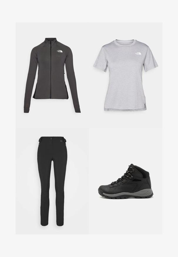 Fekete zipzáras dzseki magas gallérral, struktúrált anyagból, hosszú ujjakkal. A bal felső részen a The North Face logó található.; Szürke, rövid ujjú póló, puha, nedvességet elvezető anyagból készült. Kerek nyakú, és egy kis fehér logó található a bal felső részen.; Fekete, testhezálló nadrág rugalmas anyagból. Jellemzők: cipzáras oldalzseb, artikulált térdek és sima felület.; Fekete túracipő közepes magasságú kialakítással, texturált felsőrésszel, szürke részletekkel és strapabíró gumitalppal, amelynek tapadós kiemelkedései vannak.