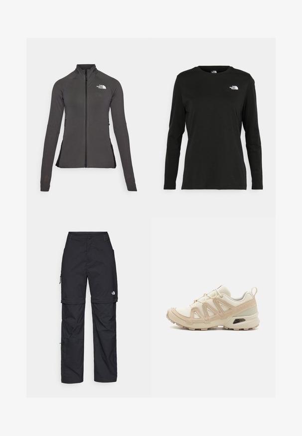 Czarna kurtka zapinana na zamek z wysokim kołnierzem, teksturowana tkanina i długie rękawy. Zawiera logo The North Face na górnej lewej stronie.; Czarna koszulka z długim rękawem z bawełny z okrągłym dekoltem. Posiada niewielkie białe logo po lewej stronie na piersi. Prosty design i fason.; Czarne nylonowe spodnie cargo z odpinanymi nogawkami, regulowanymi mankietami, wieloma kieszeniami oraz logo na prawej nogawce. Gładka, lekka tekstura.; Beżowe i kremowe buty sportowe z teksturowanej siateczki, wspierającymi nakładkami oraz gumową podeszwą z wzorem bieżnika zapewniającym przyczepność.