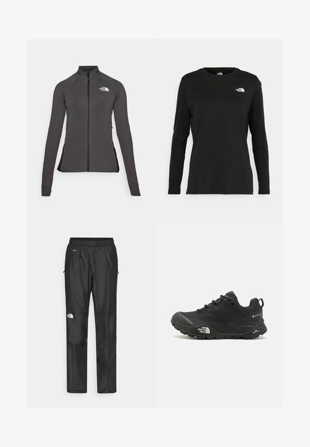 Must mustga kraepe, millel on kõrge krae, tekstuuriga kangas ja pikad varrukad. Ülemisel vasakul on The North Face logo.; Must mustahiheline T-särk, millel on pikad varrukad, valmistatud puuvillast ja ümarast kaelusest. Vasakul rinnal on väike valge logo. Lihtne disain ja sobivus.; Mustad veepidavad püksid, mis on valmistatud kergest kangast, elastse vöökoha, küljetaskute ja logo kahel jalal.; Mustad matkajalanõud musta värvi, tekstuurse ülemise osa, paeltega kinnituse ja volüümika kummitald, millel on silmapaistev logo külgedel ja mustrimuster.