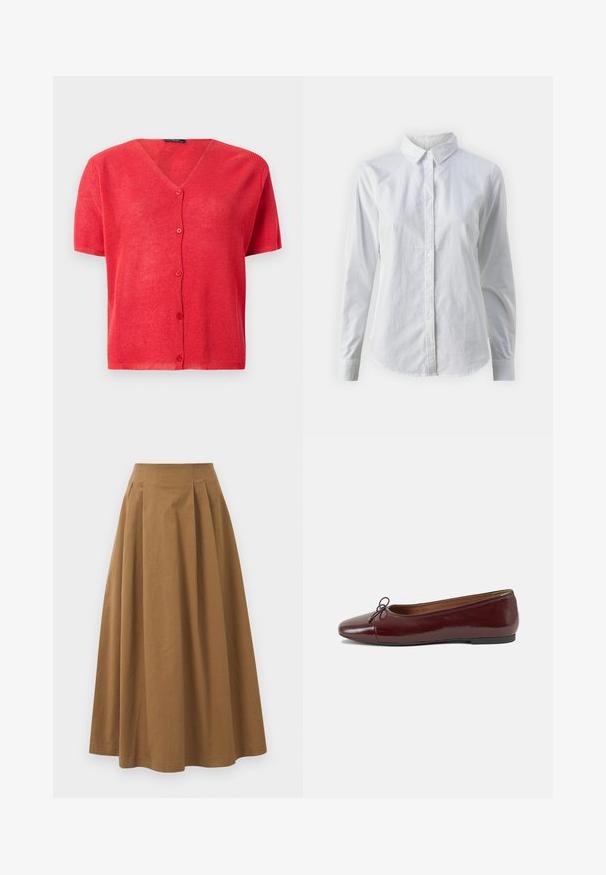 Sarkanais īsais piedurkņu kardigans ar V-veida kaklu, pogu aizdari un strukturētu adījumu. Akcentēts ar atbilstošām pogām.; Balta pogājamā krekla augšdaļa, izgatavota no gluda kokvilnas, ar klasisku apkakli, garām piedurknēm un izliekto apakšmalu. Pogas ir mazas un baltas.; Brūna kokvilnas A formas svārki ar augstu jostasvietu, kurai priekšā ir krokas un gluda tekstūra. Apakšmala ir tīra un vienkārša.; Burgundijas laku ādas baleta kurpes ar noapaļotu purngalu, nelielu loku akcentu priekšā un zemu melnu gumijas zoli. Gluda tekstūra.