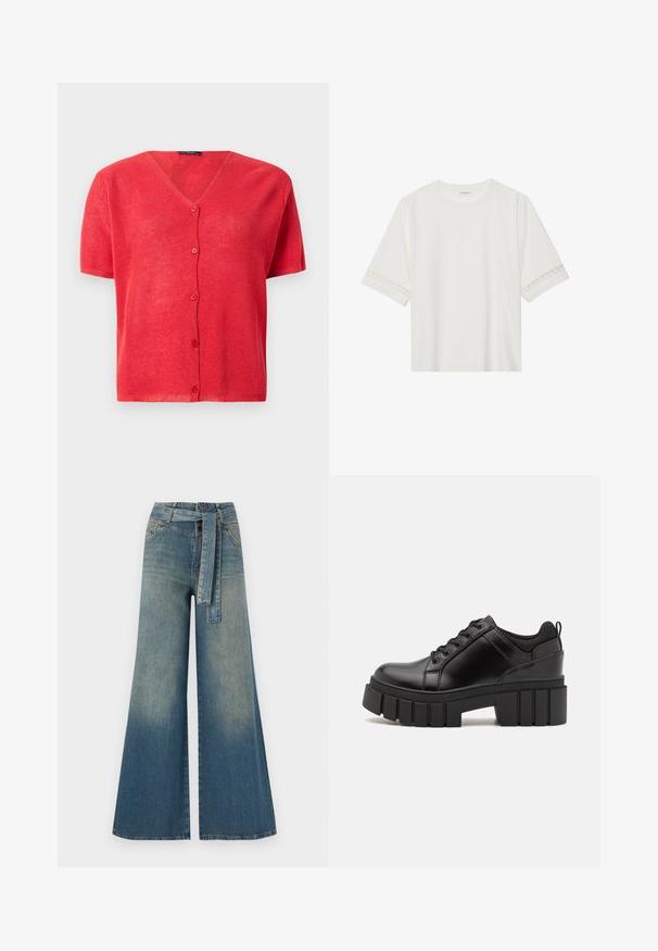 Roter kurzärmeliger Cardigan mit V-Ausschnitt, Knopfverschluss vorne und strukturiertem Strickstoff. Akzentuiert mit passenden Knöpfen.; Weißes T-Shirt mit kurzen Ärmeln aus Baumwolle, mit dekorativem Spitzenbesatz entlang der Ärmel und einem runden Ausschnitt.; Weit geschnittene Denim-Hosen mit einem Farbverlauf von hellblau zu dunkelblau, hoher Taille, Gürtelschlaufen und einem passenden Stoffgürtel. Strukturierte Denim-Oberfläche.; Schwarze Lederplateauschuhe mit klobigem Blockabsatz, runder Zehenpartie und traditionellem Schnürdesign. Verfügt über eine glatte Textur und minimale Details.