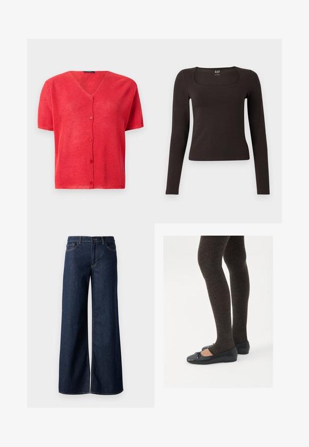 Punainen lyhythihainen kardigan, jossa on V-pääntie, napitettava etuosa ja tekstuuri neulekangasta. Korostettu vastaavilla nappeilla.; Musta pitkähihainen, slim fit -paita, jossa on neliömäinen kaula-aukko, merkitty GAP, esillä valkoisella taustalla.; Suorat lahkeet farkut tummansinisestä denimmistä. Ominaisuuksiin kuuluvat kontrastiväriset ompeleet, viisi taskua ja nappisuljenta vyötäröllä. Sileä pinta.; Mustat matalat kengät, joissa on pieni nauha varpaissa, yhdistettynä tummanruskeisiin ribattuisiin sukkahousuihin. Kengissä on sileä pinta ja matala profiili.