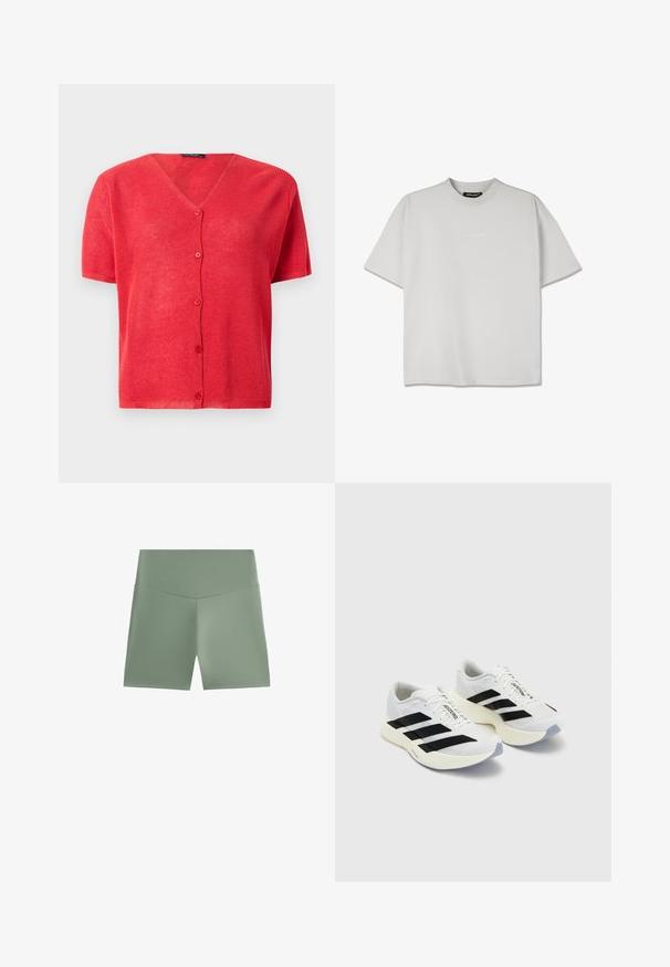 Červený krátky rukáv cardigan s tvarom V, zapínanie na gombíky a textúrovaná pletenina. Doplnkový prvok s ladnými gombíkmi.; Krátky rukáv, svetlo šedé tričko z bavlneného zmesi s okrúhlym výstrihom. Obsahuje jemné embosované logo na prednej strane. Voľný strih.; Zelené atletické šortky s hladkou textúrou, vysokým pásom a jednoduchým dizajnom, bez viditeľných vzorov alebo kovových detailov.; Biele športové topánky s čiernymi pruhmi a značkou, s mriežkovaným zvrškom, zaoblenou špičkou a hrubou krémovou podrážkou pre tlmenie.