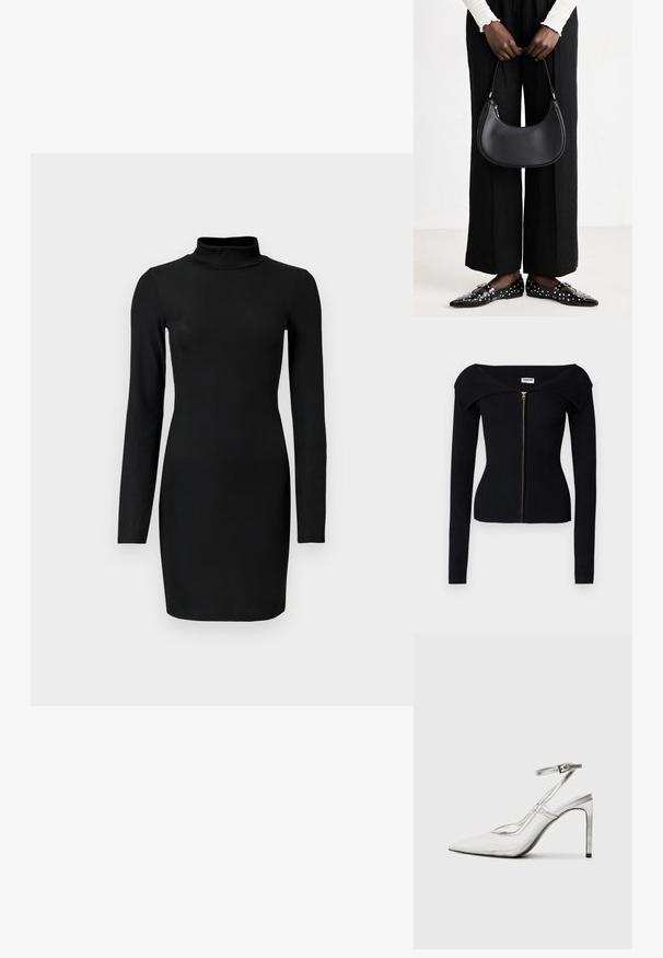 Noisy May NMJULIET CROP - Kardigan - black; Černé žebrované šaty s dlouhým rukávem a stojáčkem, přiléhavý silueta a hladká textura. Délka do poloviny stehna, bez viditelných vzorů nebo akcentů.; Průhledná stiletto vysoká bota s špičatou špičkou, transparentní materiál, metalické stříbrné akcenty a nastavitelné pásky kolem kotníku.; Černá kožená kabelka přes rameno s kulatým tvarem, lesklým povrchem a stříbrnými kovovými prvky. Osoba v černých širokých kalhotách a s ozdobenými mokasíny.