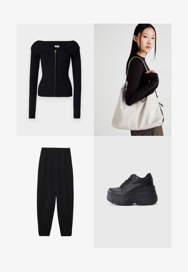 Noisy May NMJULIET CROP - Cardigan - black; Sett med tre kortermede t-skjorter i svart, grått og hvitt. Laget av bomull, med rund hals og en enkel, ensfarget design.; Svarte, lette bukser med elastisk liv og rynkede ankler. Stoffet er glatt og har en avslappet, innsvingt design.; Sorte snøresko med tykk såle, med et glatt læroverdel, rund tå og distinkt lagdelt plattformdesign.; Beige håndveske laget av mykt materiale, med en slapp design, sydd detaljer og to skulderstropper. Passer for daglig bruk.
