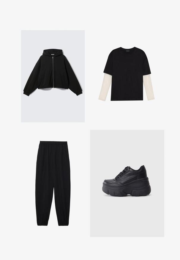 Sudadera negra con capucha y cremallera frontal, ajuste holgado, hombros caídos y dos bolsillos laterales. Tejido suave con puños y dobladillo acanalados.; Camiseta negra de algodón, con mangas cortas sobre una capa blanca de manga larga con un patrón texturizado sutil. Diseño de escote redondeado.; Pantalones negros, ligeros, con cintura elástica y tobillos fruncidos. La tela es suave y presenta un diseño relajado y ajustado.; Zapatillas negras con cordones y suela gruesa, con parte superior de cuero suave, punta redondeada y un diseño de plataforma en capas distintivo.