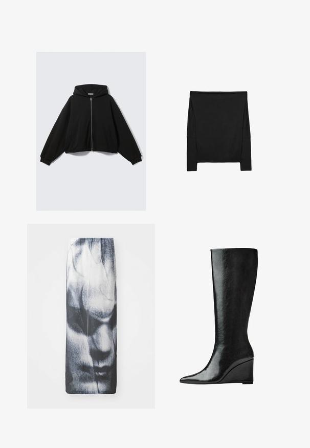 Černá mikina s kapucí a předním zipem, volnější střih, spadená ramena a dvě boční kapsy. Měkká tkanina s žebrovanými manžetami a lemem.; Černý top s dlouhým rukávem, volného střihu, vyrobený z měkké tkaniny. Má off-shoulder design a boční rozparky pro snadný pohyb.; Černobílá dlouhá sukně s grafickým potiskem obličeje, hladkou strukturou a přiléhavým střihem.; Černé kožené boty do půlky lýtek s úzkou, špičatou špičkou a klínovým podpatkem. Povrch je hladký s lesklým finišem.