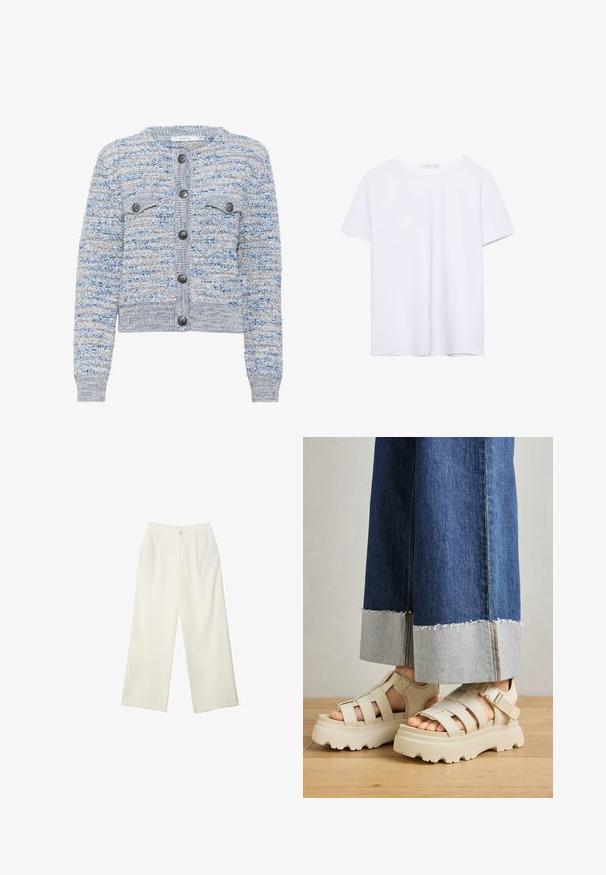 Svijetloplavi teksturirani kardigan s dva prednja džepa, okruglim izrezom i sivim gumbima. Ima skraćeni rub i uzorak od miješanih vlakana.; Jednostavna bijela majica kratkih rukava s okruglim izrezom i ravnim rubom, prikazana na bijeloj pozadini.; Hlače širokih nogavica od kremaste tkanine s glatkom teksturom, s jednim prednjim gumbom, suptilnim plitvicama i visokim strukom.; Bež platforme sandale s debelim potplatima imaju dizajn s trakama i podesivim remenima oko gležnja. Nanesene su uz široke traperice, a jedna nogavica je pohabana.
