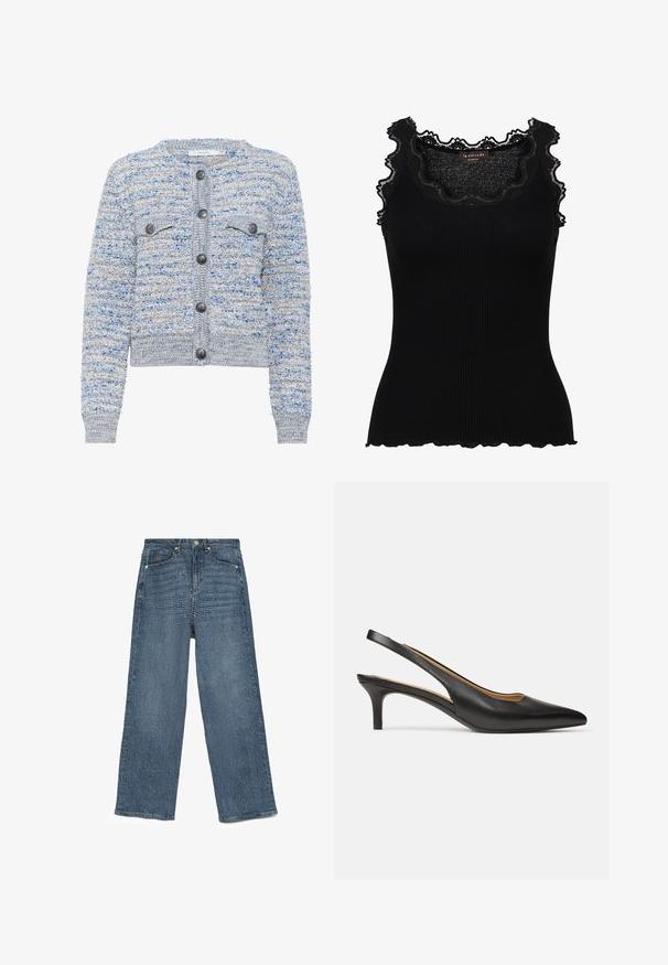 Lyseblå tekstureret cardigan med to forlommer, rund halsudskæring og grå knapper. Har en cropped nederkant og et blandet fiber mønster.; Sort ribbet tanktop med blonder trim ved halsudskæringen og ærmegabene. Har en tætsiddende design og bølgede kanter for ekstra tekstur.; Blå denim vide bukser med et struktureret mønster, fem-lomme design, metalknaplukning og stikninger, der udviser en afslappet pasform.; Sort læder slingback-pumps med spids tå og lav kitten-hæl, vist fra siden på en ens hvid baggrund.