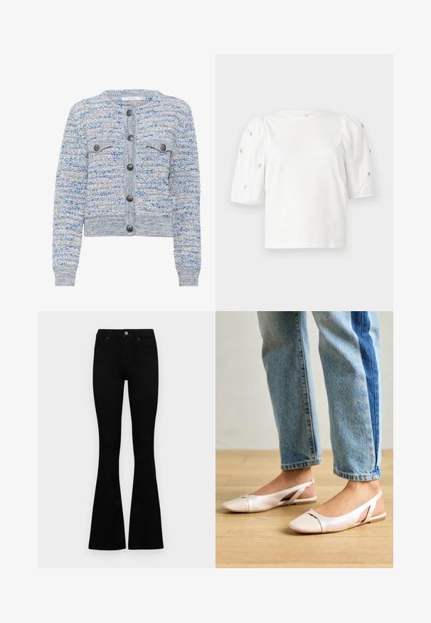 Lyseblå teksturert cardigan med to framlommer, rund halslinje og grå knapper. Har en kortet hem og blandet fiber mønster.; Hvit bomull T-skjorte med korte pufferm, med små sølvdekorasjoner langs ermene. Klassisk rund hals, avslappet passform.; Sorte høytlivsjeans med knapp og glidelås, frontlommer og utsvingte bein liggende flatt på en hvit bakgrunn.; Lys rosa slingback leiligheter med spiss tå, laget av et glatt, læraktig materiale. Har utskjæringer på sidene og lav hæl.