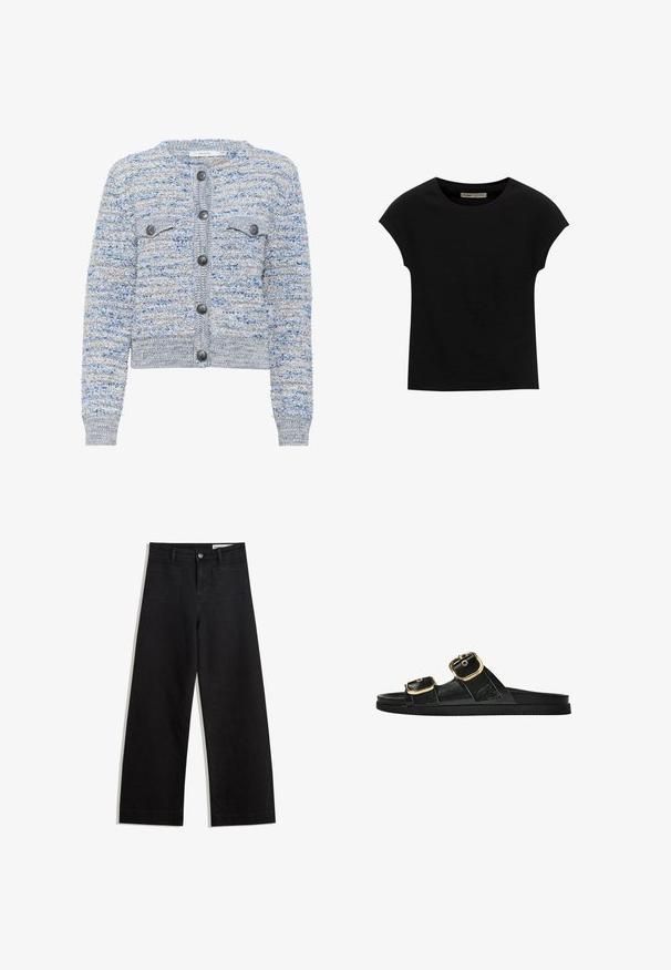 Világoskék, textúrált kardigán két elülső zsebbel, kerek nyakkivágással és szürke gombokkal. Rövidített szabással és vegyes szálmintával rendelkezik.; Fekete, rövid ujjú póló, puha anyagból, kerek nyakkivágással és laza szabással, sima felülettel és minták nélkül.; Fekete, bő szabású farmernadrág magas derékkal, elülső és hátsó zsebekkel, varrott felületekkel és gombos záródással. Sima textúra.; Fekete csúszó szandál, két arany csattal, sima textúrájú anyagból, lapos talppal és minimalista dizájnnal.