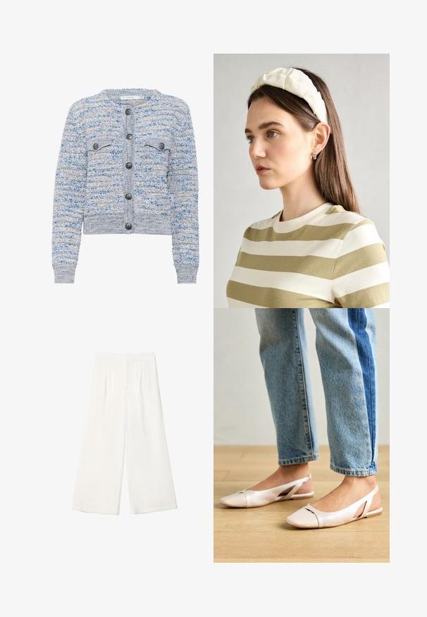 Cardigan di un blu chiaro lavorato a maglia con due tasche frontali, scollatura rotonda e bottoni grigi. Presenta un orlo accorciato e un motivo in fibra mista.; T-shirt bianca a maniche corte con scollo rotondo ampio e texture a coste, realizzata in tessuto morbido, caratterizzata da una vestibilità rilassata e un design pulito.; Pantaloni bianchi a gamba larga realizzati in un tessuto liscio. Presentano una vita piatta e pieghe verticali per un tocco di dettaglio in più.; Ballerine slingback rosa pallido con punta affusolata, realizzate in un materiale simile alla pelle liscio. Presentano dettagli a taglio sui lati e un tacco piatto.; Fascia per capelli imbottita di colore crema con design intrecciato, abbinata a una camicia a righe beige e bianche con scollatura rotonda. Accenti di gioielli delicati.