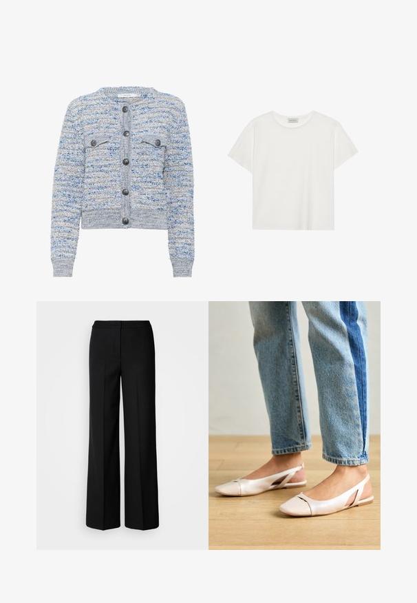 Light blue textured cardigan with two front pockets, round neckline, and gray buttons. Features a cropped hem and mixed fiber pattern.; White short-sleeve T-shirt made of soft cotton. Features a round neckline and relaxed fit. Clean design with no visible patterns or accents.; Black wide-leg trousers with a smooth fabric, featuring a high waist, tailored seams, and a minimalist design. No visible hardware or pockets.; Pale pink slingback flats with a pointed toe, made from a smooth leather-like material. Features cut-out details at the sides and a flat heel.