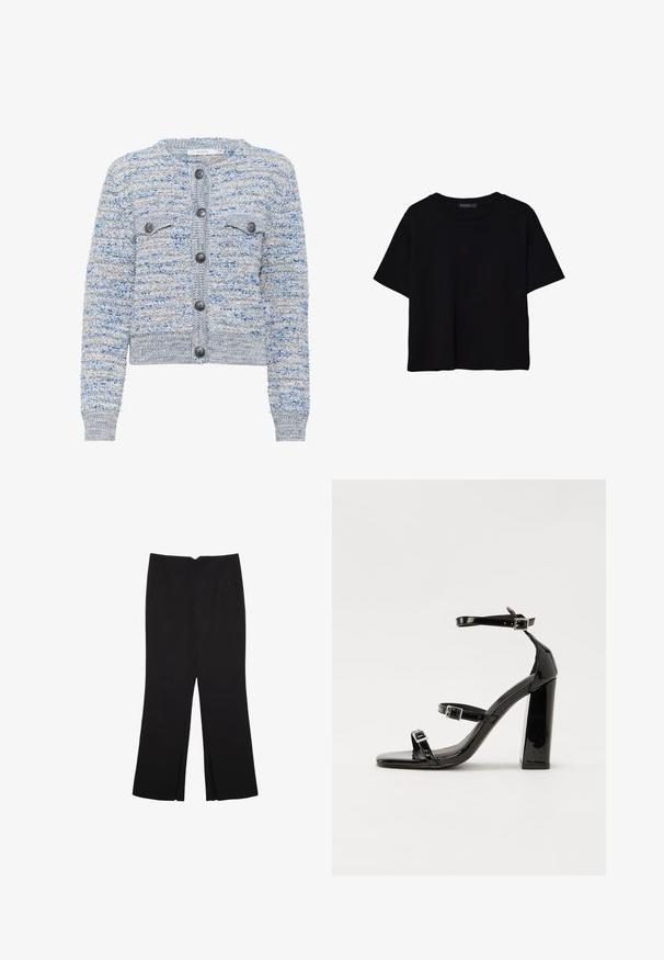 Hellblauer strukturierter Cardigan mit zwei Vordertaschen, Rundhalsausschnitt und grauen Knöpfen. Besitzt einen verkürzten Saum und ein gemischtes Muster aus verschiedenen Fasern.; Schwarzes T-Shirt mit kurzen Ärmeln aus Baumwolle. Verfügt über einen runden Ausschnitt und einen lockeren Schnitt mit einer glatten, einfarbigen Textur. Keine sichtbaren Muster oder Akzente.; Schwarze Hose mit geradem Schnitt, ausgestattet mit Fronttaschen und Seitenschlitzen am Saum. Hergestellt aus weichem, glattem Stoff. Geeignet für verschiedene Anlässe.; Schwarze patentierte Sandalen mit Absatz, quadratischer Spitze, Knöchelriemen und silbernen Schnallen. Mit einem stabilen Blockabsatz für mehr Stabilität.