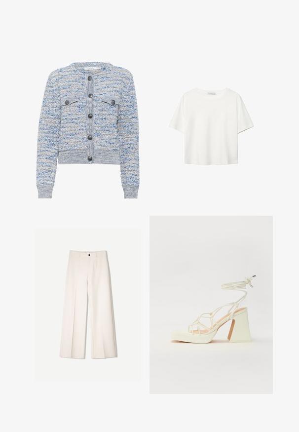 Svetlo modra teksturirana jopica z dvema sprednjima žepoma, okrogla izreza in sivimi gumbi. Ima krajšan rob in mešano vlaknasto vzorčasto strukturo.; Bela kratka majica s kratkimi rokavi iz bombaža. Ima okroglo izrezovanje in sproščen kroj. Gladka tekstura brez vidnih vzorcev ali poudarkov.; Kremne široke hlače s krojem, ki vključujejo dve sprednji žepi in en sprednji gumb za zapiranje, izdelane iz gladkega blaga.; Bela sandala na visokih petah s debelim petam, ki ima obliko trakcev in vezanje okoli gležnja. Gladka tekstura z platformo spredaj za dodatno višino.