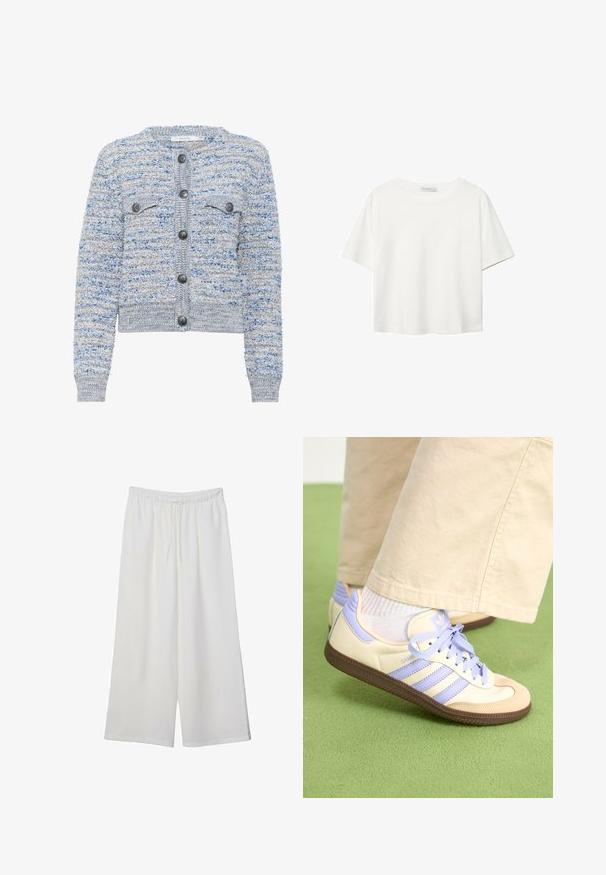 Lyseblå tekstureret cardigan med to forlommer, rund halsudskæring og grå knapper. Har en cropped nederkant og et blandet fiber mønster.; Hvid kortærmet t-shirt lavet af bomuld. Har en rund halsudskæring og en afslappet pasform. Glat tekstur uden synlige mønstre eller detaljer.; Hvide vidde bukser lavet af letvægtsstof, med en elastisk talje og snøre for justerbar pasform. Glat tekstur.; Creme og lavendel sneakers med tre striber og en tekstureret brun sål, der har snørebånd og en polstret hæl. Blødt stof øvre.