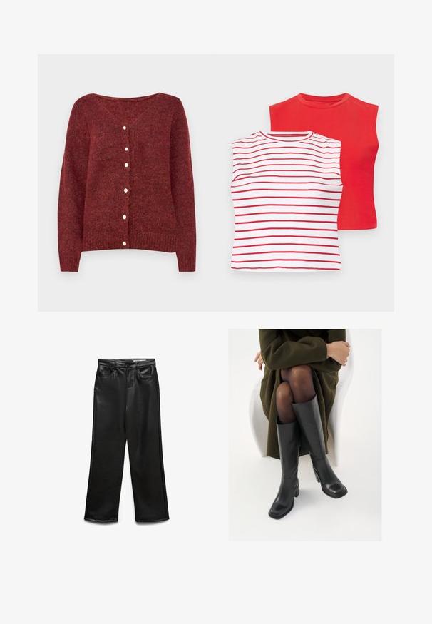 Vero Moda Kofta - fired brick; Två kortärmade toppar: en i solid röd färg och en vit med horisontella röda ränder. Båda har rundade halsringningar och en mjuk bomullstextur.; Svart byxa i bred modell av konstläder med framfickor, bälteshällor och subtil glans. Mjukt tyg och skräddarsydd passform.; Knähöga svarta läderstövlar med fyrkantig tå och klack i blockmodell, visade med en modell sittande i en olivgrön kappa. Slät textur, minimal detaljering.