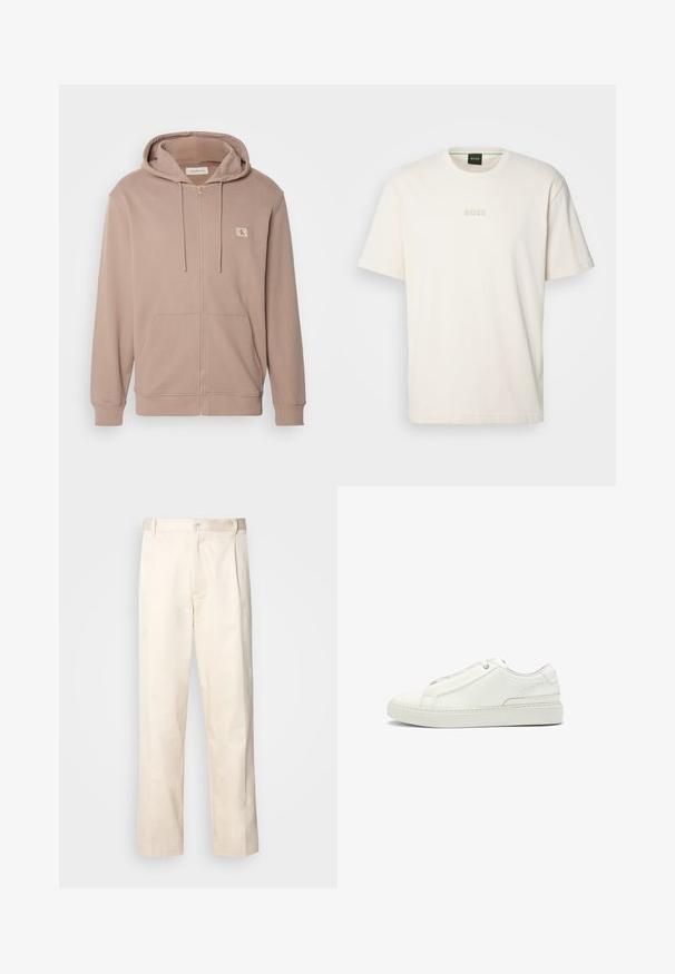 Hellbrauner Zip-Hoodie aus weichem Stoff, ausgestattet mit einer Kapuze mit Kordelzug, Taschen vorne, gerippten Bündchen und einem kleinen Logo auf der Brust.; BOSS TEE - T-Shirt basic - open white; Beige Baumwollhose mit geradem Bein, ausgestattet mit einem Knopfverschluss und Falten an der Vorderseite für zusätzliche Details.; Weiße Leder-Sneaker mit strukturierter Oberseite, runder Zehenform, minimalistischem Design und Gummisohle mit gestickten Details.