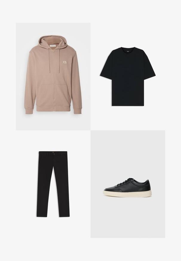 Ljusbrun zip-up hoodie i mjukt tyg, utrustad med justerbar huva, framfickor, ribbade ärmslut och en liten logotyp på bröstet.; Svart bomullströja med rund hals och korta ärmar. Har en lös passform och en enkel design utan mönster eller accenter.; Svarta byxor gjorda av tyg med en slät textur. Har en knäppning med knapp, bälteshällor och sidofickor. Standard rakt ben-design.; Svart låg skor i läder med svarta snören och off-white sula, visas i sidoprofil på vit bakgrund.