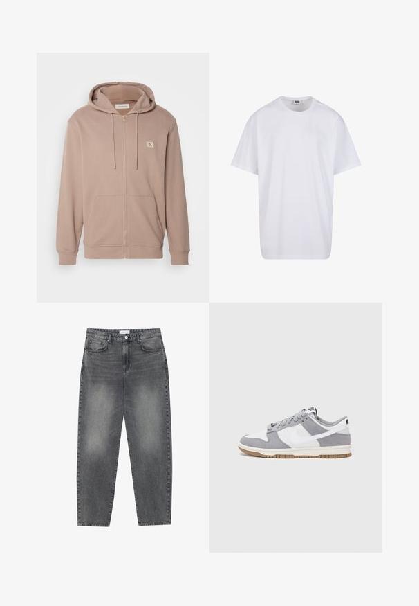 Felpa con zip di colore marrone chiaro, realizzata in tessuto morbido, con cappuccio regolabile, tasche frontali, polsini a costine e un piccolo logo sul petto.; Maglietta bianca in cotone con maniche corte, scollatura rotonda, vestibilità comoda e senza loghi o motivi visibili. Texture liscia e design minimale.; Jeans a vita alta, dal taglio ampio in denim nero sbiadito. Presentano cinque tasche, passanti per cintura e un design dritto e pulito.; Sneaker grigia e bianca con tomaia in suede e pelle, punta arrotondata, lacci piatti e soletta in gomma con un accento color caramello.