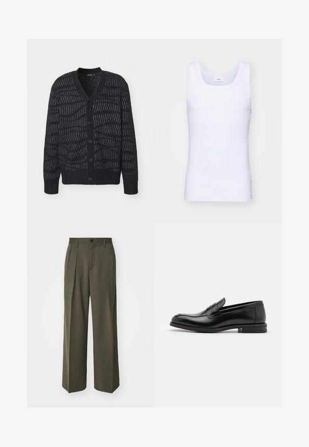 Melns kardigans ar teksturētu rakstu, ar dziļu V-veida kakla izgriezumu, sešām pogām un ribotām piedurknēm. Izteiksmīgs austa dizains piešķir niansētu detaļu.; Balta kokvilnas bez piedurknēm tank top krekliņš ar apaļu kakla izgriezumu, ar gludu tekstūru un pieguļošu formu, paredzēts ikdienas valkāšanai.; Filippa K WIDE TROUSERS - Auduma bikses - driftwood; Melnas ādas kurpes ar gludu tekstūru, noapaļu purngalu un dekoratīvu siksniņu pāri priekšpusei. Zems sakrauts papēdis, minimālisma dizains.