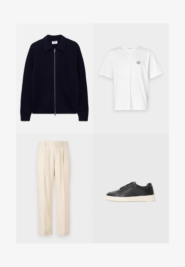 Tamsiai mėlynas glotnus megztinis su užtrauktuku, apykakle ir ilgomis rankovėmis, išdėstytas ant balto fono.; Balta medvilninė marškinėlių, su trumpomis rankovėmis, apykaklė nei per aukšta, nei per žema, ir mažas pilkas logotipas kairėje krūtinės pusėje. Lygi tekstūra.; NN.07 KAY - Kelnės - off white; Juoda odinė sportinė avalynė su tekstūruotu paviršiumi, apvaliu nosiu ir plokščiu baltu guminiu padu. Yra juodi raišteliai ir ženklinimas ant kulno.