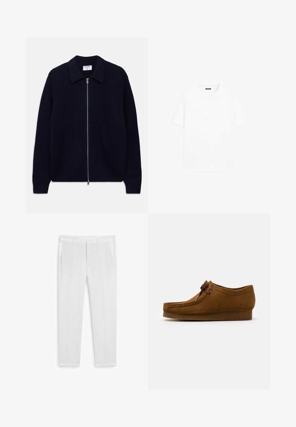 Námořnická modrá žebrovaná pletená mikina na zip s límcem a dlouhými rukávy, rozložená na bílém pozadí.; Bílá bavlněná tričko s krátkými rukávy, kulatým výstřihem a rovný střih. Hladká textura bez viditelných vzorů nebo akcentů.; Bílé lněné kalhoty s rovnými střihy, které mají dvě přední kapsy a knoflíkovou légu. Hladká textura, žádné viditelné vzory nebo akcenty.; Hnědé semišové boty s kulatou špičkou a nízkým podpatkem, s detailním prošíváním podél švů a šněrováním vpředu. Měkká textura s elegantním designem.