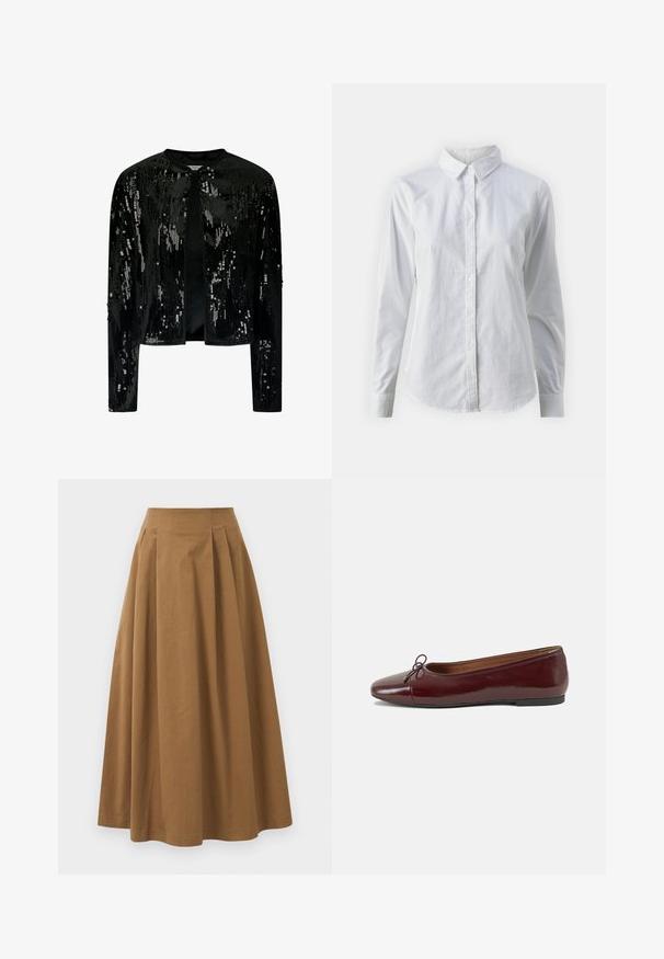 Juodas sameto švarkas su blizgučiais, turintis apvalų kaklą ir atvirą priekį. Ilgos rankovės su subtilia tekstūra ir blizgančiomis detalėmis visame švarke.; Balta marškinėliai su mygtukais, pagaminti iš lygios medvilnės, su klasikiniais apykaklės, ilgomis rankovėmis ir lenktu kraštu. Mygtukai maži ir balti.; Ruda medvilninė A formos sijonas su aukštu liemeniu, puikuojantis klostėmis priekyje ir lygia tekstūra. Apdailos kraštai yra švarūs ir paprasti.; Bordo lakiotos odos baleto bateliai su apvalia nosimi, maža kaspinėlio akcentu priekyje ir žema juoda guma padanga. Lygi tekstūra.