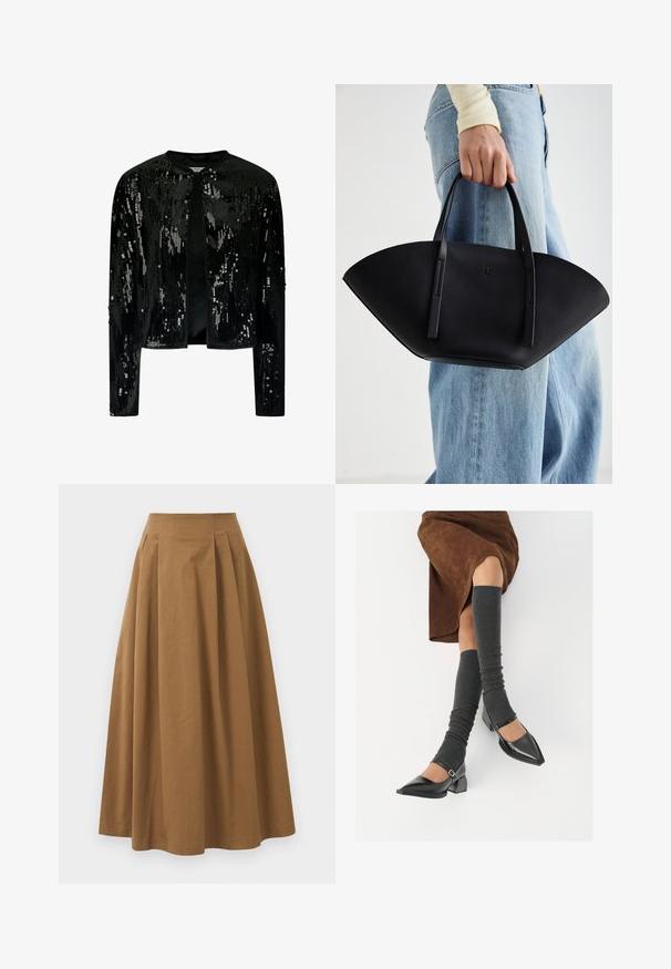 Giacca in velluto nero con paillettes, dotata di scollatura rotonda e apertura frontale. Maniche lunghe con una texture sottile e dettagli luccicanti in tutto il capo.; Camicia bianca con bottoni, realizzata in cotone liscio, dotata di un colletto classico, maniche lunghe e orlo curvo. I bottoni sono piccoli e bianchi.; Gonna A-line in cotone marrone con vita alta, caratterizzata da pince sulla parte anteriore e una texture liscia. Le finiture dell'orlo sono pulite e semplici.; Scarpe nere in pelle verniciata con punta affilata, tacco a blocco e cinturino alla caviglia, abbinate a scaldamuscoli grigi a coste e una gonna in suede marrone.; Borsa a tracolla in pelle nera con una forma a ventaglio unica, dotata di manici piatti. La superficie presenta una texture a ciottoli e un design minimalista.
