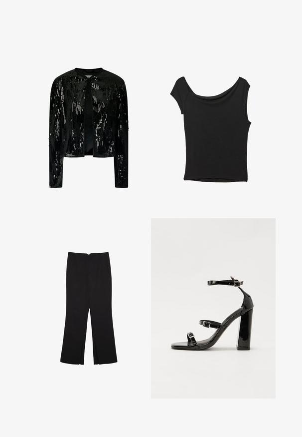 Crna baršunasta jakna s dušicama, koja ima okrugli izrez i otvoreni prednji dio. Dugački rukavi s suptilnom teksturom i sjajnim detaljima kroz cijelu jaknu.; Crna majica kratkih rukava od glatkog materijala; ima drapirani izrez i asimetrični donji rub, uz prilagođeni kroj tijela.; Crne hlače ravnog kroja, s prednjim džepovima i bočnim prorezima na rubu. Izrađene od mekog i glatkog materijala. Pogodne za razne prigode.; Crne lakirane sandale na pete sa kvadratnim nosom, trakama oko gležnja i srebrnim kopčama. Imaju čvrst blok petu za stabilnost.